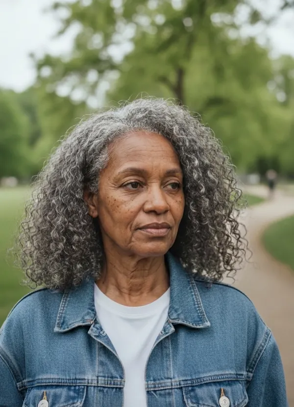 AI age progression result: the same woman at about 75, with grey hair and wrinkles
