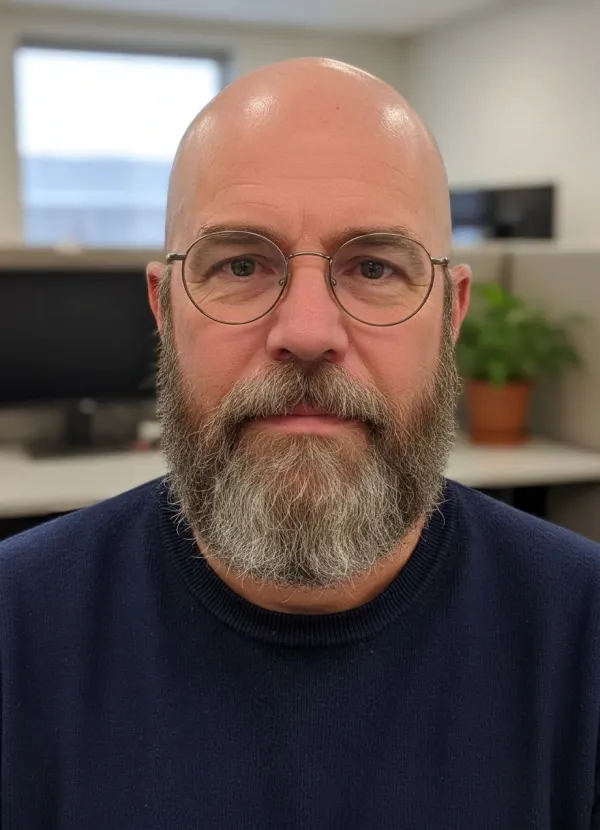 AI bald filter result: the same man with a clean-shaved head, beard and glasses preserved