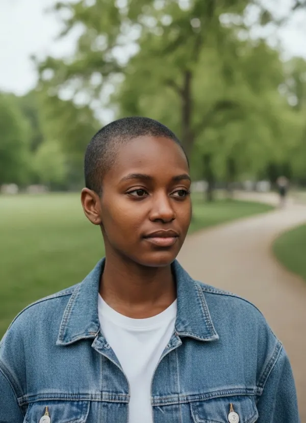 Buzz cut preview from the AI bald filter, with her face and expression unchanged