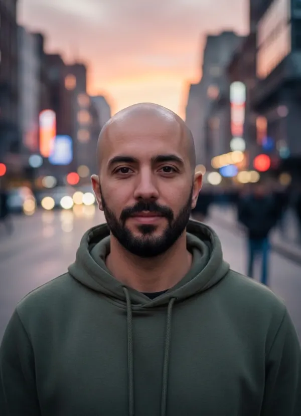 Shaved head preview from the AI bald filter with eyebrows and beard unchanged