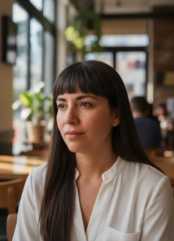 Before and after AI bangs filter: the same woman with straight blunt bangs