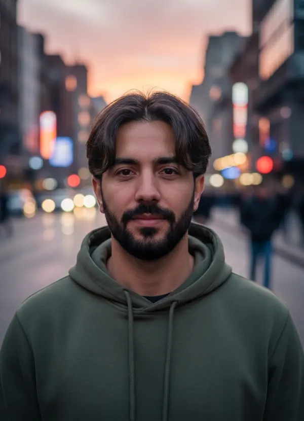 Before and after AI bangs filter with curtain bangs, beard and face unchanged