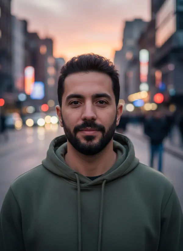 Original photo of a bearded man with short dark hair