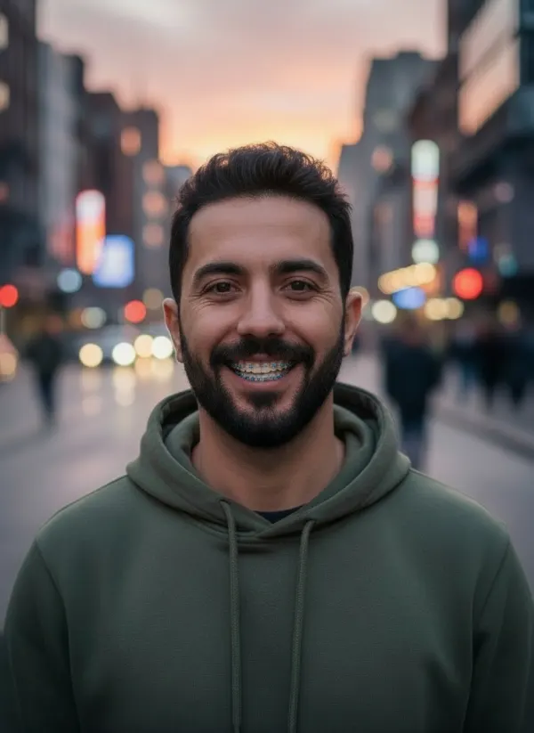Before and after braces filter preview with blue bands, beard unchanged