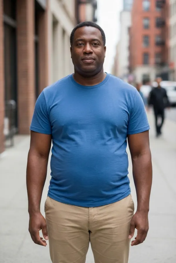 Strong weight gain preview from the AI fat filter, face and body fuller, same outfit