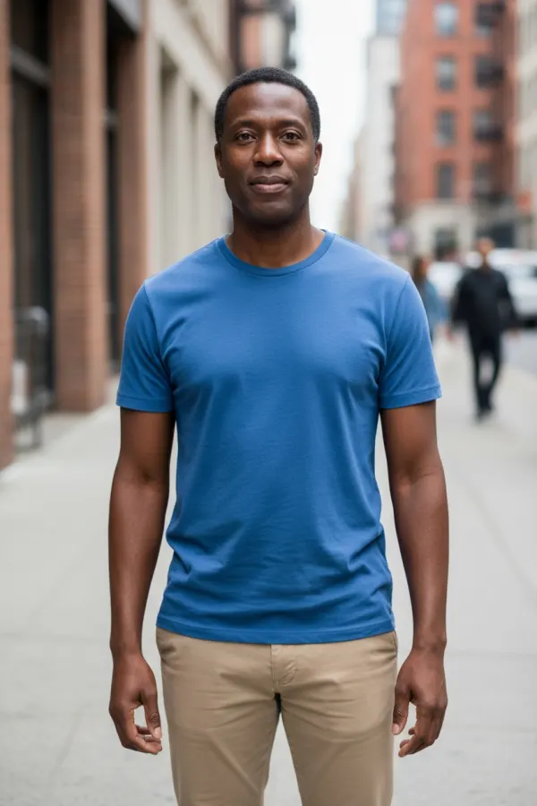 Original full-length photo of a man in a blue t-shirt on a city street