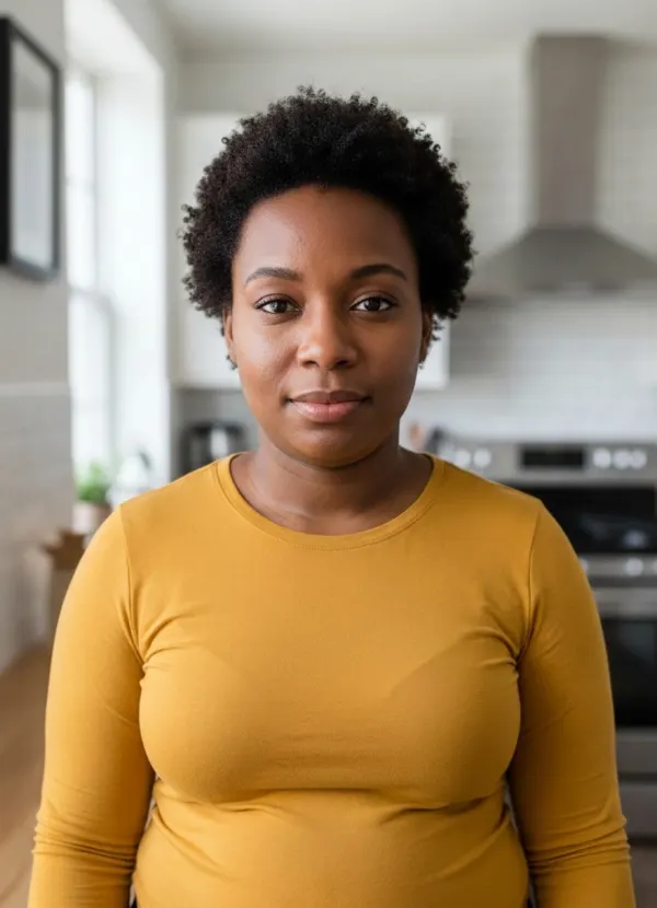 Medium AI weight gain simulation with a fuller face and body, same yellow top