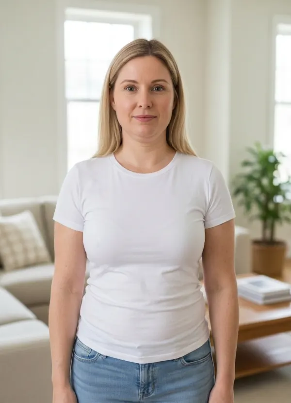 AI fat filter result at medium strength, with her outfit and pose kept