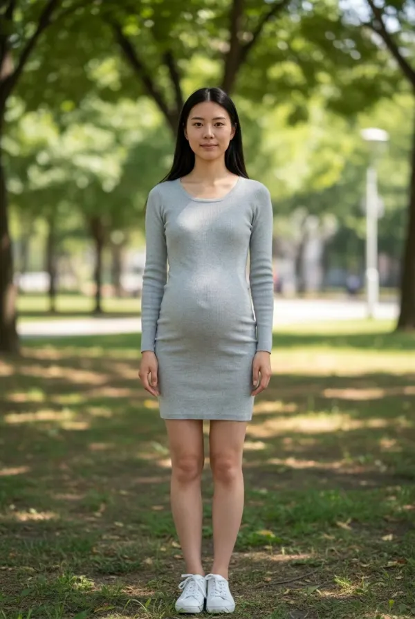 Pregnant AI generator result: early-stage baby bump under the same grey dress