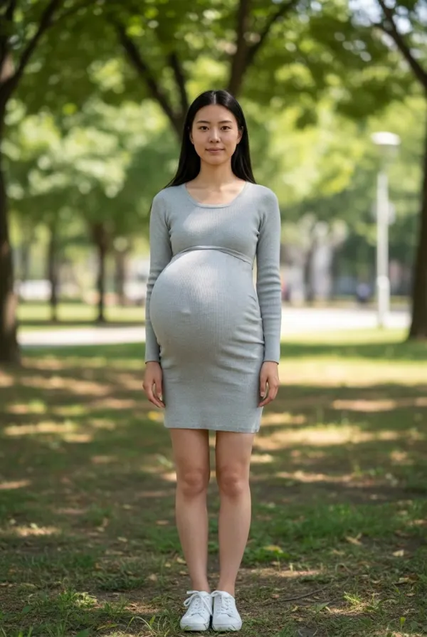 Late-stage pregnancy preview with the dress draped over a full, round belly
