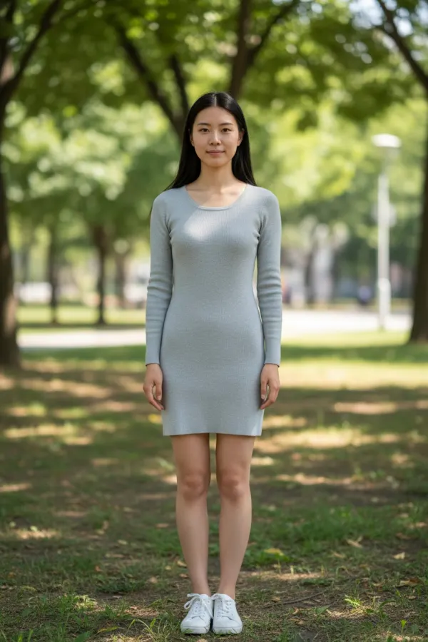 Original photo of a woman standing in a grey dress