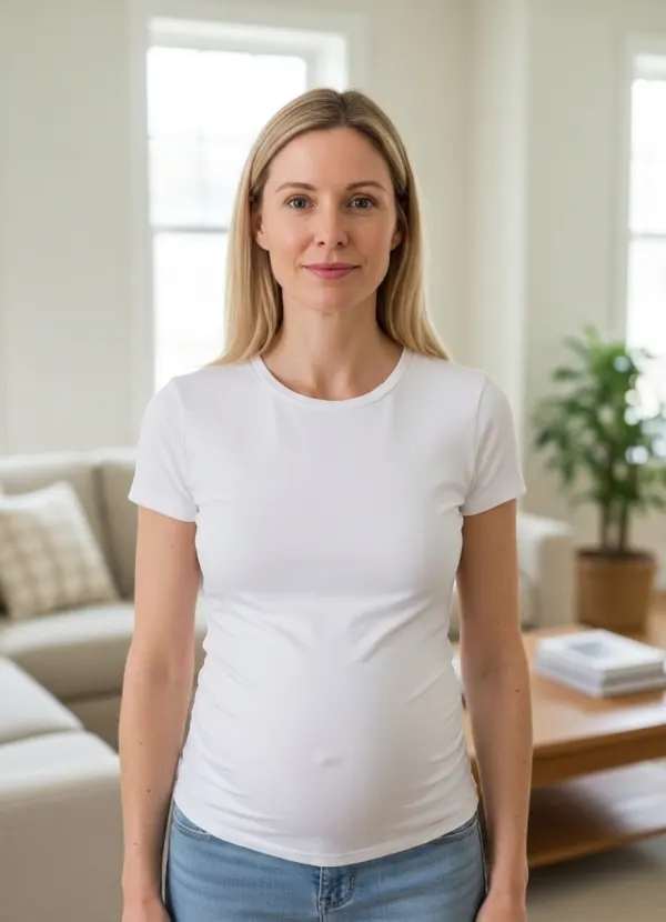 AI pregnancy preview of the same woman with a bump, white t-shirt and pose kept