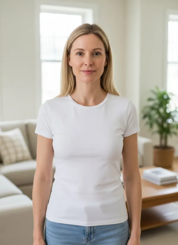 Original waist-up photo of a woman in a white t-shirt