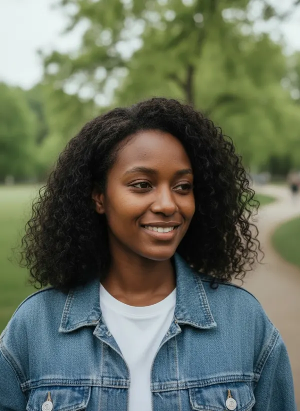 Before and after natural AI smile filter result: the same woman with a relaxed smile