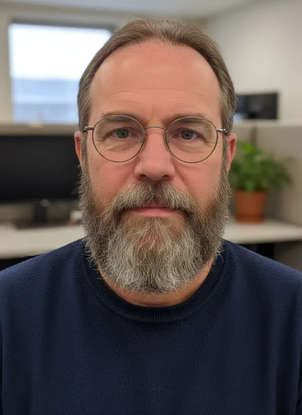 Original portrait of a serious bearded man with glasses