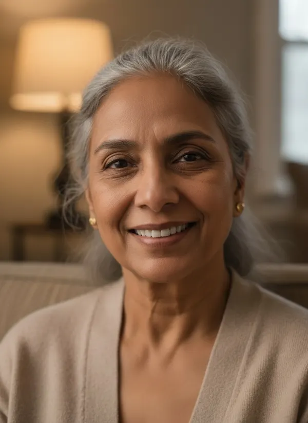 Smile with teeth added by the AI smile filter, her age and features unchanged